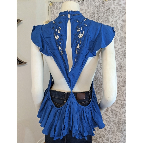 Free People Royal Blue Embroidered Floral Tank Cotton Eyelet Lace Whimsical sz L - Picture 4 of 8